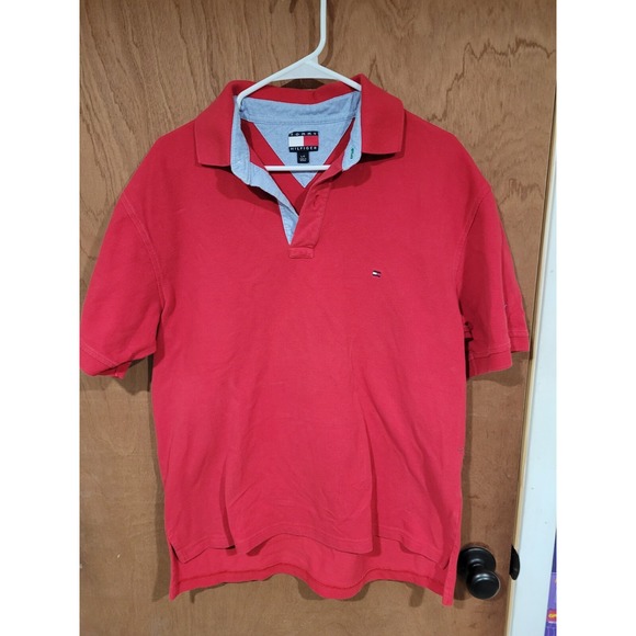 VINTAGE Tommy Hilfiger Polo Shirt Adult Large Red Crest Rugby Cotton Casual Mens - Picture 1 of 14